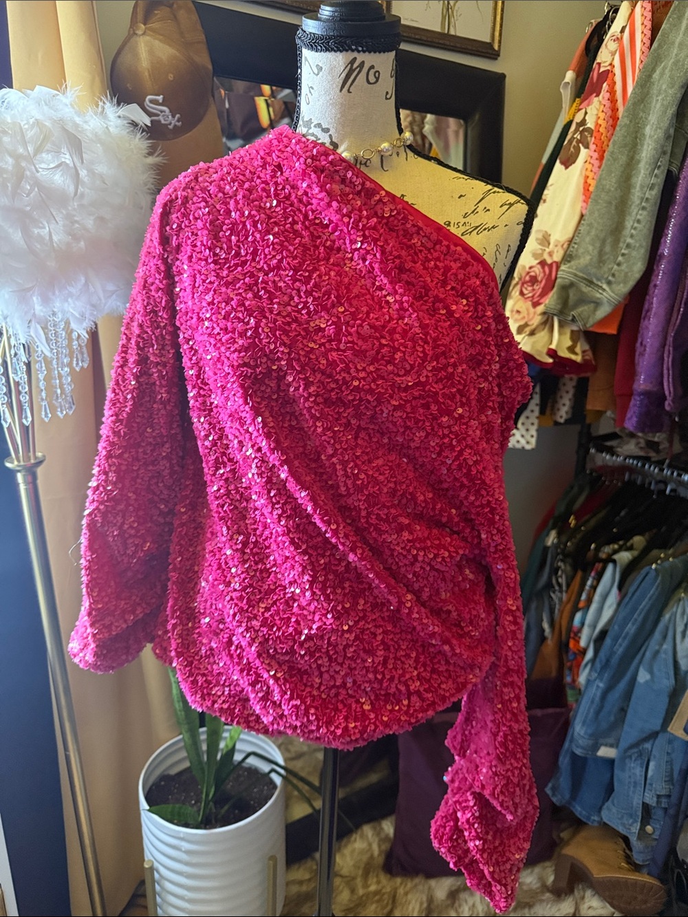 Fuchsia Pink One-Shoulder sequins top
